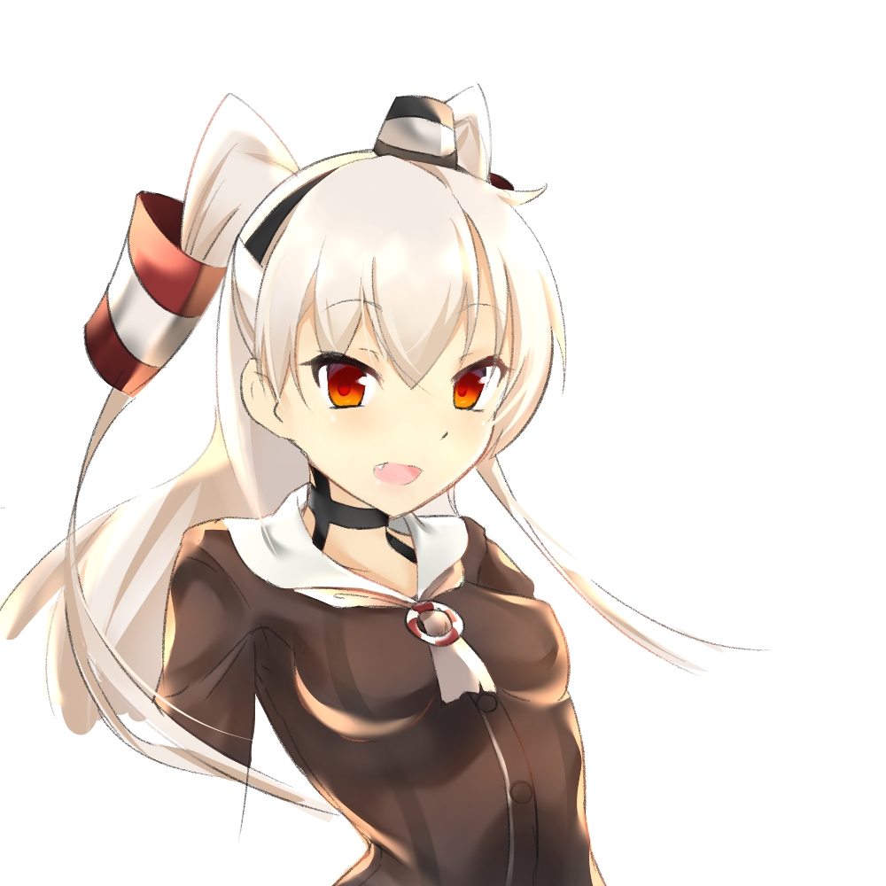 1girl, abogado, amatsukaze_(kantai_collection), brown_shirt, bust, fang, hair_tubes, hairband