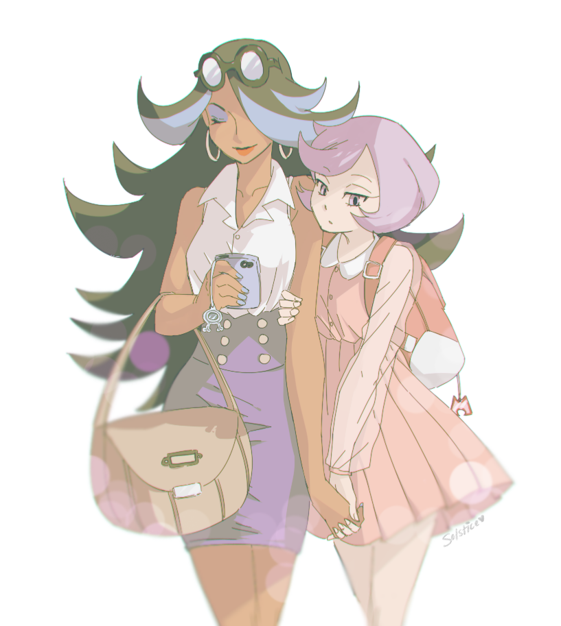 2girls, alternate_costume, backpack, bag, black_hair, blue_hair, casual, cellphone, closed_eyes, dark_skin, dress, earrings, expressionless, goggles, goggles_on_head, hair_over_one_eye, handbag, highlights, holding_hands, izumi_(pokemon), izumi_(pokemon)_(remake), jewelry, kagari_(pokemon), kagari_(pokemon)_(remake), light_rays, long_hair, multicolored_hair, multiple_girls, nail_polish, phone, pink_dress, pokemon, pokemon_(game), pokemon_oras, purple_hair, purple_skirt, signature, skirt, sleeveless, smartphone, smile, solsticerose, sunbeam, sunlight, team_aqua, team_magma, two-tone_hair, violet_eyes, yuri