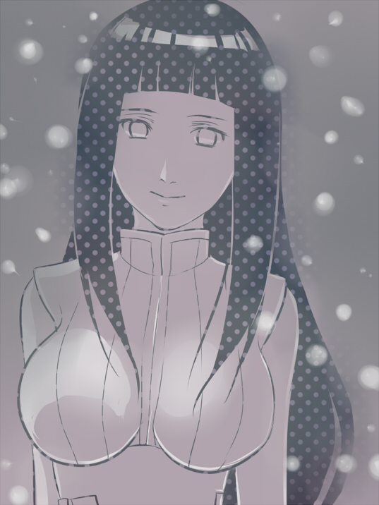1girl, aika_nrt, hyuuga_hinata, long_hair, looking_at_viewer, monochrome, naruto, naruto:_the_last, snowing