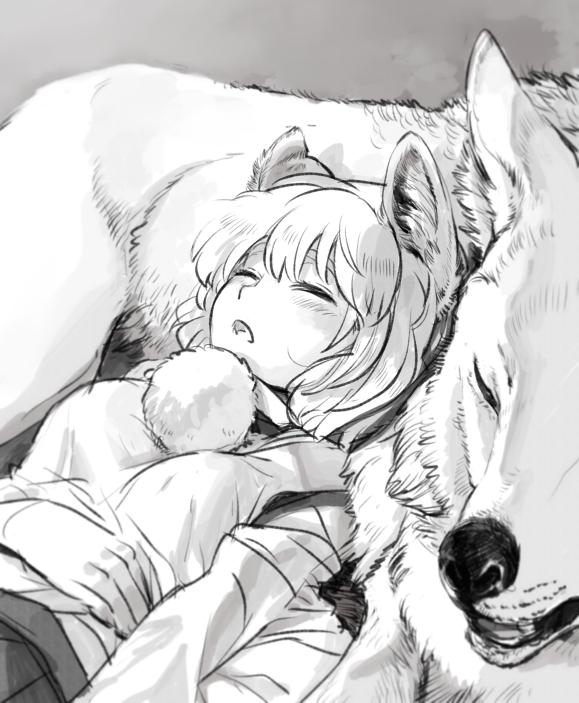 1girl, animal, animal_ears, blush, bon_(rump), closed_eyes, detached_sleeves, inubashiri_momiji