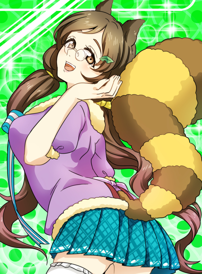 1girl, animal_ears, brown_eyes, brown_hair, futatsuiwa_mamizou, glasses, hair_ornament, hairclip