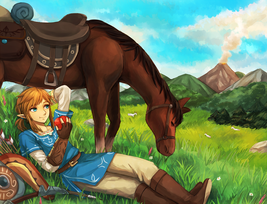 1boy, apple, arrow, blonde_hair, blue_eyes, bow_(weapon), epona, field