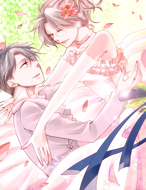 1boy, 1girl, aka_mikan, bare_shoulders, black_hair, brown_hair, closed_eyes, couple