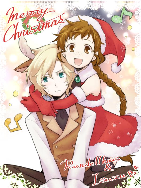 1boy, 1girl, :d, aino_yumeri, antlers, blonde_hair, braid, brown_eyes