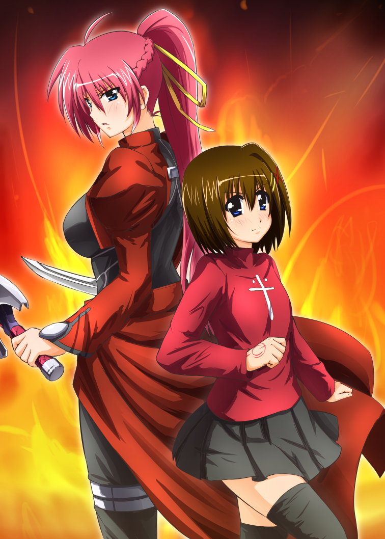 2girls, archer, archer_(cosplay), black_legwear, blue_eyes, blush, breasts, brown_hair