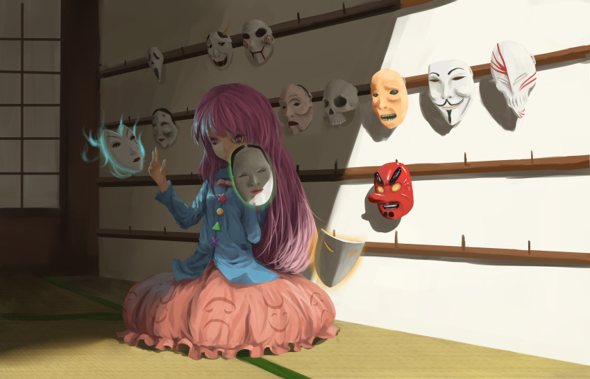 1girl, absurdres, bleach, blue_shirt, bow, expressionless, glowing, hata_no_kokoro, highres, holding_mask, jigsaw_(character), league_of_legends, long_hair, long_sleeves, mask, newnand, oni_mask, pink_skirt, purple_hair, raised_hand, saw_(movie), scream_(movie), sitting, skirt, solo, tagme, tengu_mask, touhou, v_for_vendetta, violet_eyes