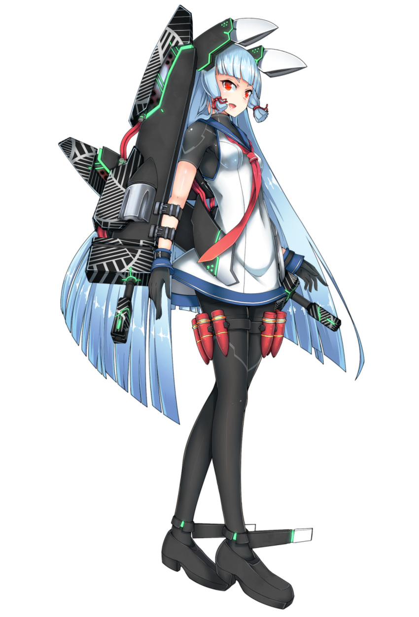 1girl, adapted_costume, alternate_weapon, ammunition, aqua_hair, bangs, black_gloves, black_legwear, blunt_bangs, einz_zwei, gloves, headgear, highres, kantai_collection, long_hair, looking_at_viewer, machinery, murakumo_(kantai_collection), necktie, pantyhose, payot, red_eyes, sailor_collar, sailor_dress, simple_background, solo, very_long_hair, weapon, white_background