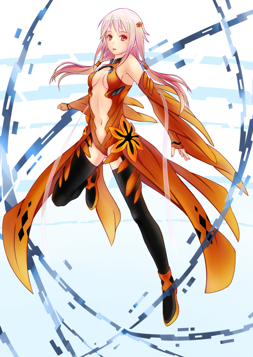 1girl, absurdres, bare_shoulders, black_legwear, breasts, center_opening, cleavage, detached_sleeves, elbow_gloves, fingerless_gloves, gloves, guilty_crown, hair_ornament, hairclip, highres, long_hair, looking_at_viewer, navel, open_mouth, pink_hair, red_eyes, solo, thigh-highs, tomoekou, twintails, yuzuriha_inori