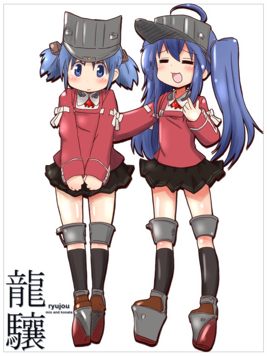 2girls, blue_eyes, closed_eyes, company_connection, cosplay, crossover, hair_cubes, hair_ornament, izumi_konata, kadokawa, kantai_collection, kyoto_animation, long_hair, lucky_star, mizushima_(p201112), multiple_girls, naganohara_mio, nichijou, platform_footwear, ryuujou_(kantai_collection), ryuujou_(kantai_collection)_(cosplay), short_hair, trait_connection, twintails, visor_cap