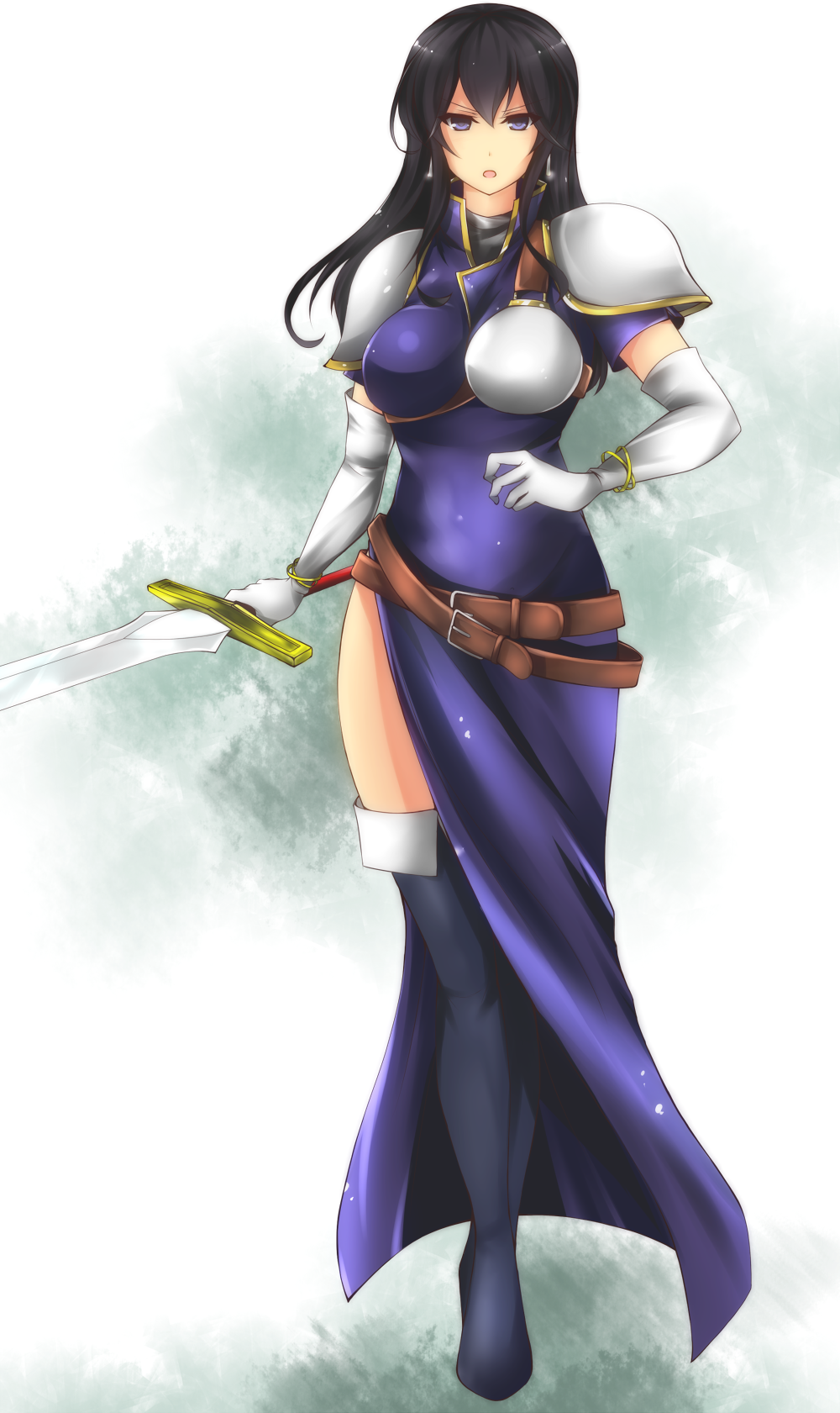 1girl, aira_(fire_emblem), belt, black_hair, black_legwear, boots, bracelet, breasts, elbow_gloves, en_(paorasuteki), fire_emblem, gloves, highres, jewelry, long_hair, looking_at_viewer, parted_lips, serious, solo, sword, thigh-highs, thigh_boots, violet_eyes, weapon, white_gloves