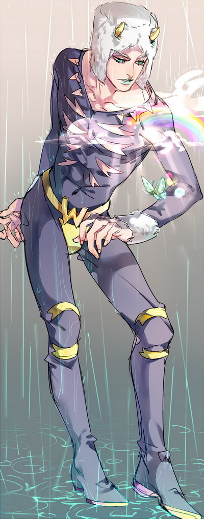 1boy, butterfly, fur_hat, hat, horns, jojo_no_kimyou_na_bouken, maosanmu, rain