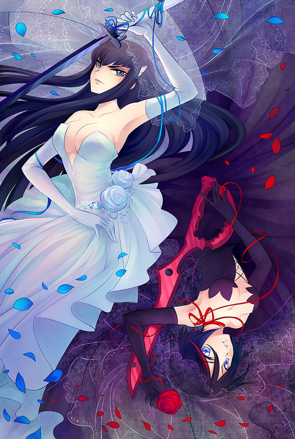 2girls, black_dress, black_hair, breasts, cleavage, dress, elbow_gloves, flower