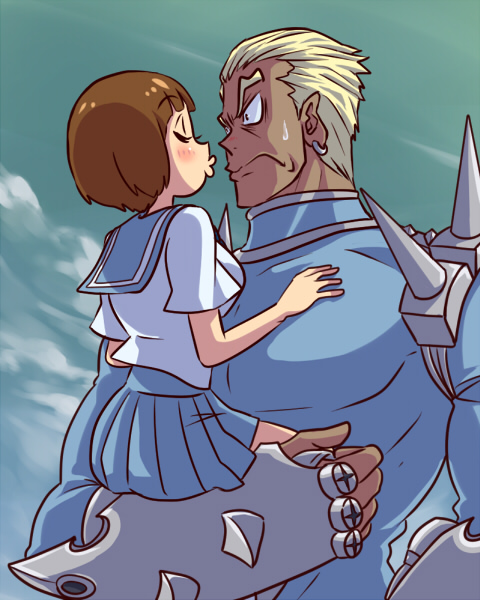 1boy, 1girl, blonde_hair, brown_hair, carrying, frown, fukuso_hilbert_kuukan, gamagoori_ira, height_difference, incipient_kiss, kill_la_kill, mankanshoku_mako, school_uniform, serafuku, skirt, spikes, uniform