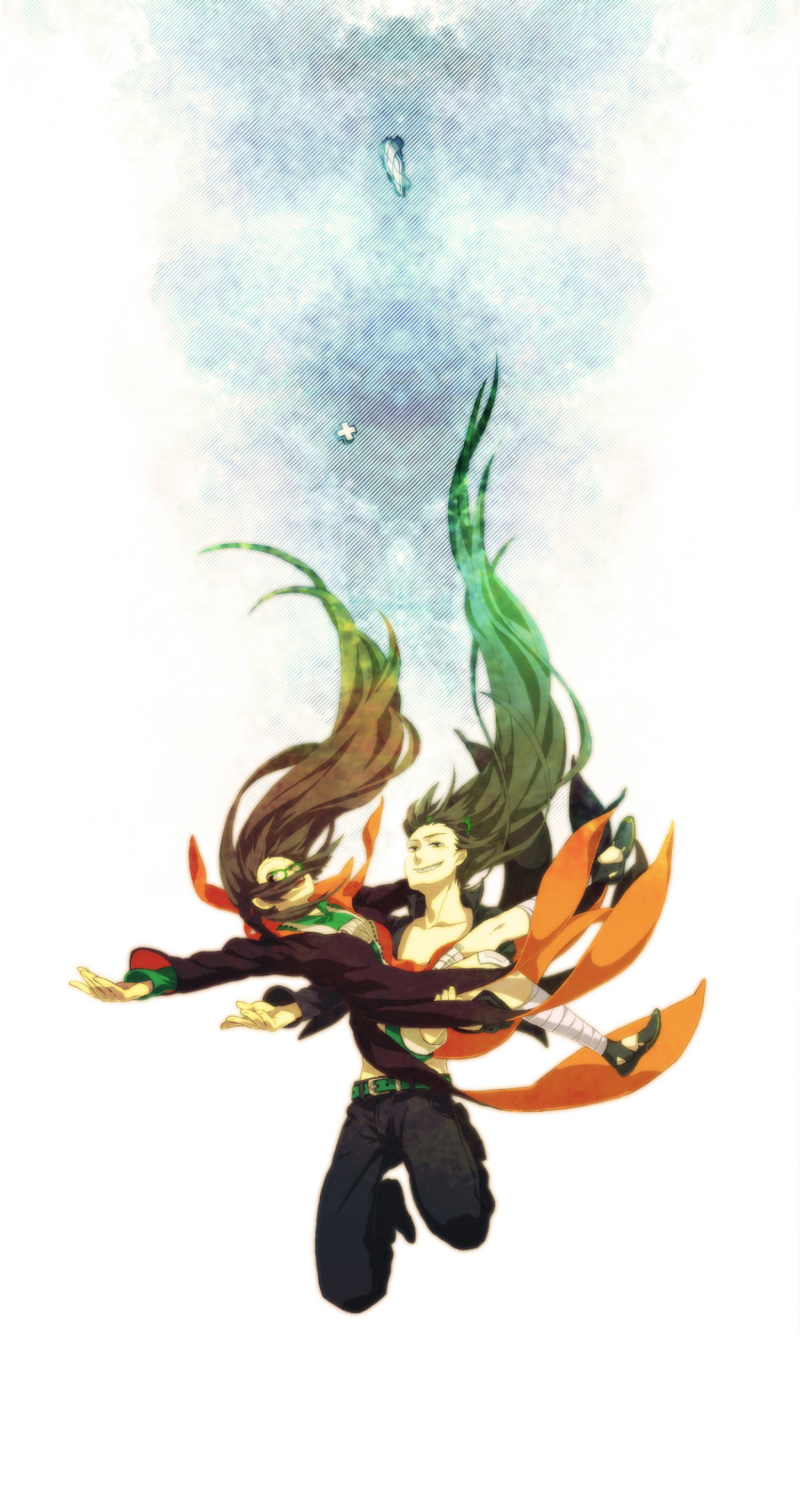 1boy, 1girl, absurdres, bandages, black_hair, carrying, falling, genderswap