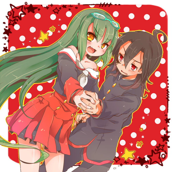 1boy, 1girl, black_hair, blush, gakuran, glasses, glasses_on_head, interlocked_fingers