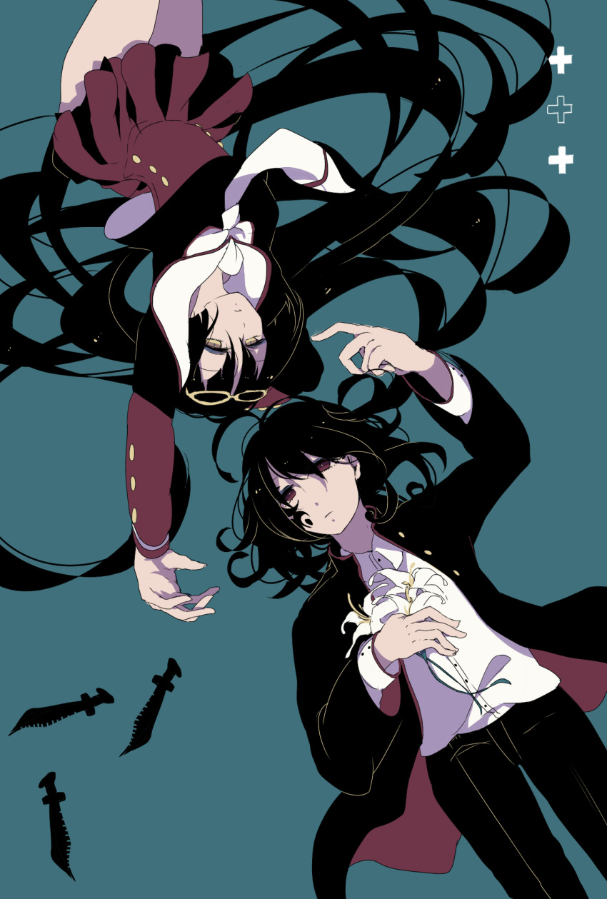 1boy, 1girl, black_hair, gakuran, glasses, glasses_on_head, highres, knife