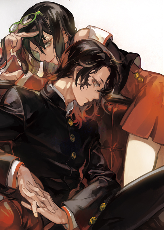 1boy, 1girl, black_hair, brown_eyes, gakuran, glasses, glasses_on_head, gradient_hair