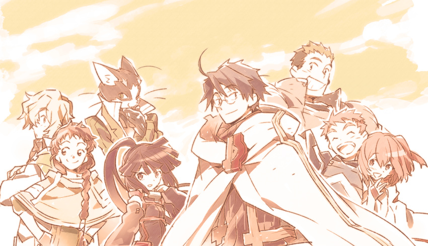 3girls, 5boys, akatsuki_(log_horizon), animal_ears, armor, braid, cape, cat