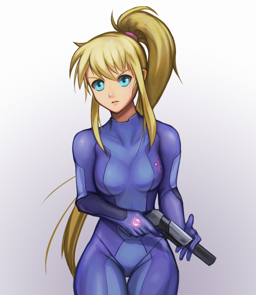 1girl, blonde_hair, blue_eyes, bodysuit, breasts, female, finger_on_trigger, gun