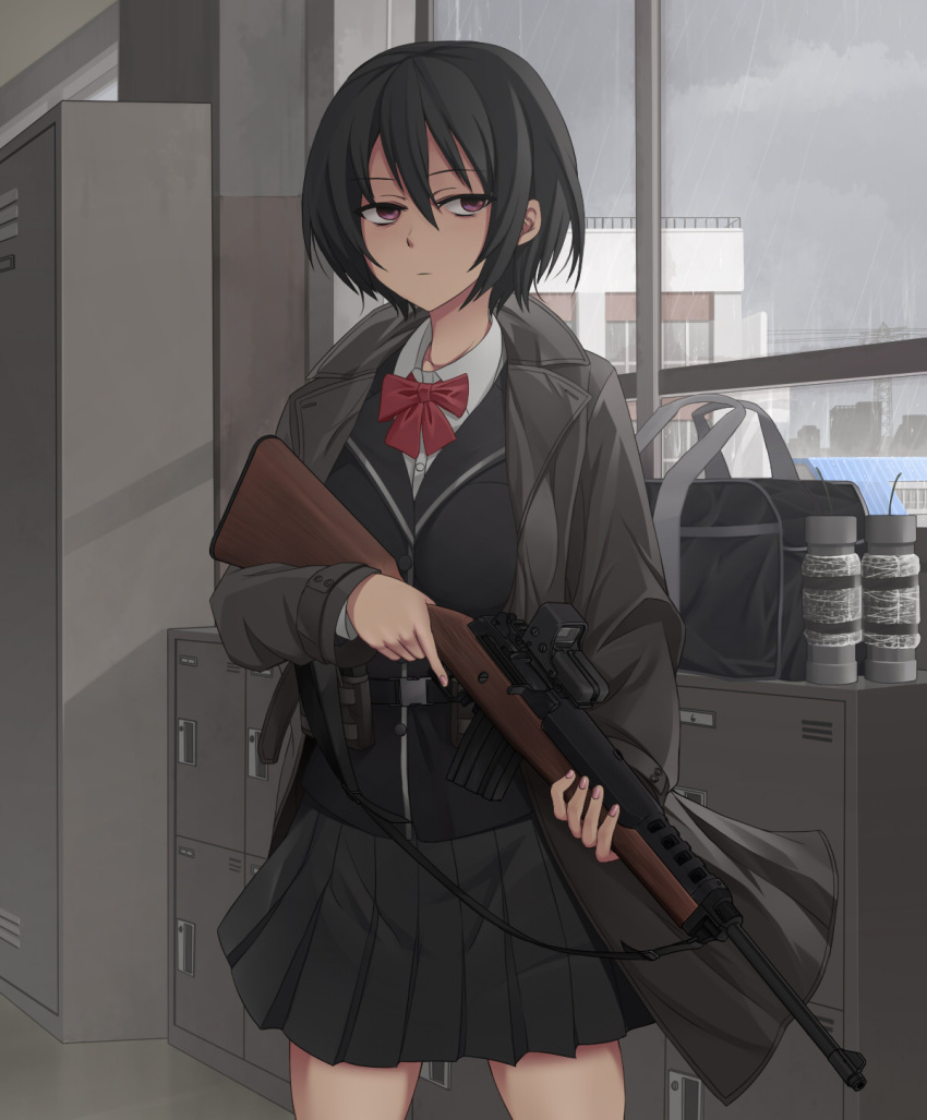 1girl, bag, black_hair, eotech, erikku_(kata235), explosive, handbag, highres, lavender_eyes, locker, mini-14, original, pipe_bomb, rain, ribbon, school_bag, school_uniform, short_hair, sling, trench_coat, trigger_discipline, weapon