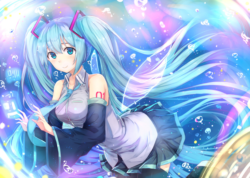 1girl, a5125924, absurdres, aqua_eyes, aqua_hair, boots, bubble, detached_sleeves