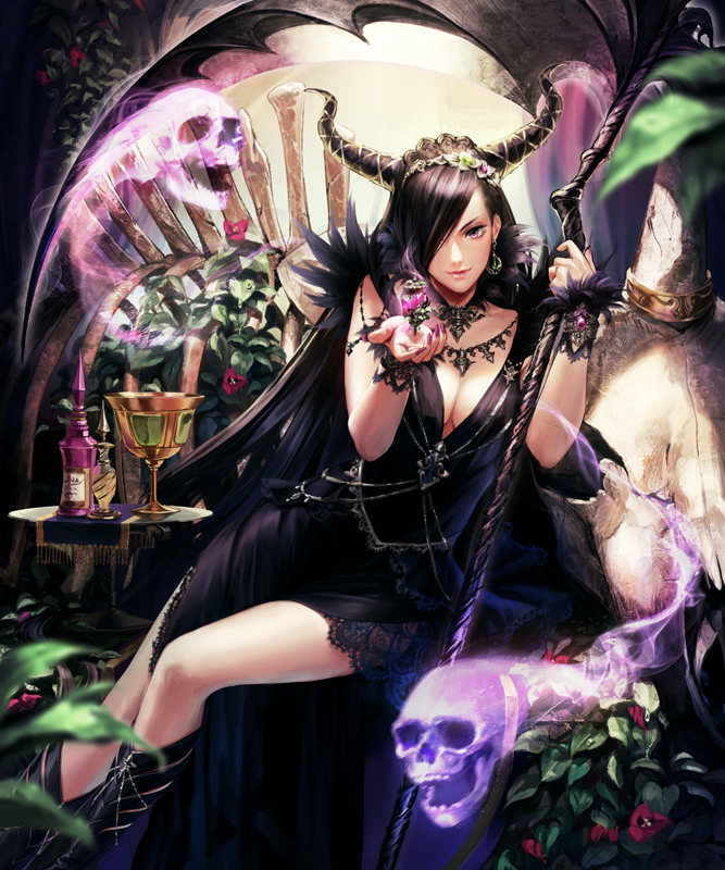 black_dress, black_hair, bracelet, breasts, cleavage, dress, feathers, flower