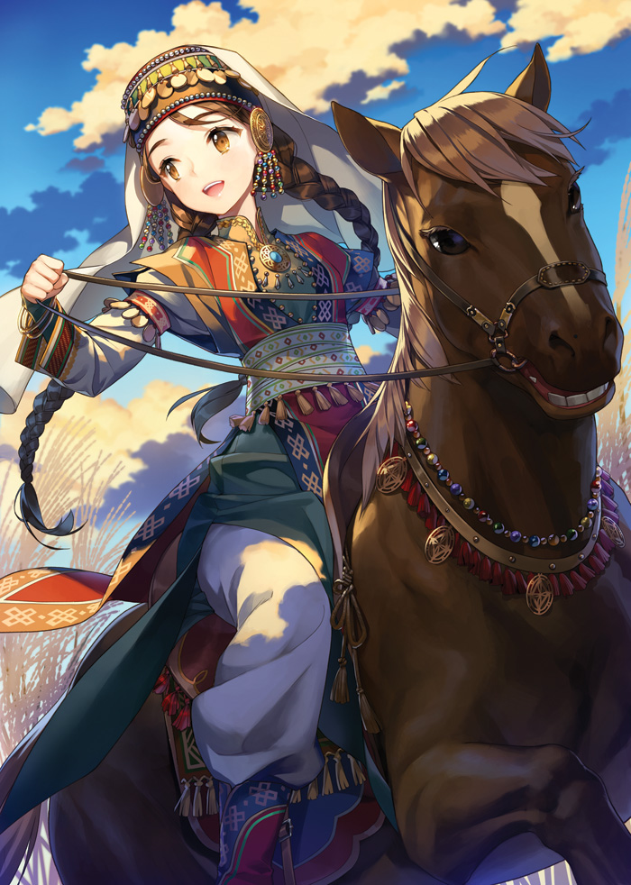 1girl, amira, blush, braid, brown_eyes, brown_hair, headdress, horse, horseback_riding, jewelry, long_hair, open_mouth, otoyomegatari, riding, salt_(salty), smile, solo, twin_braids, very_long_hair