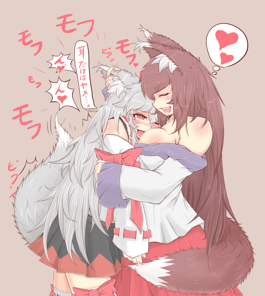 2girls, alternate_hair_length, alternate_hairstyle, animal_ears, bare_shoulders, blush, breasts, brown_hair