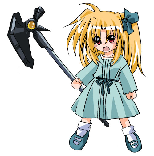 1girl, bardiche, blonde_hair, fate_testarossa, hair_ribbon, lyrical_nanoha, mahou_shoujo_lyrical_nanoha, open_mouth
