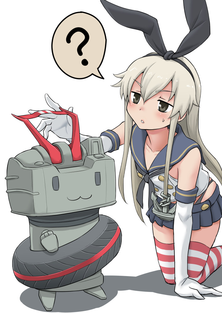 1girl, :3, ?, black_panties, blonde_hair, elbow_gloves, female, gachon_jirou