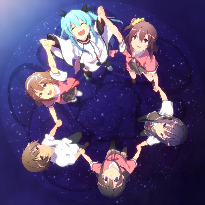 1boy, 5girls, blue_hair, brown_eyes, brown_hair, circle_formation, from_above, highres