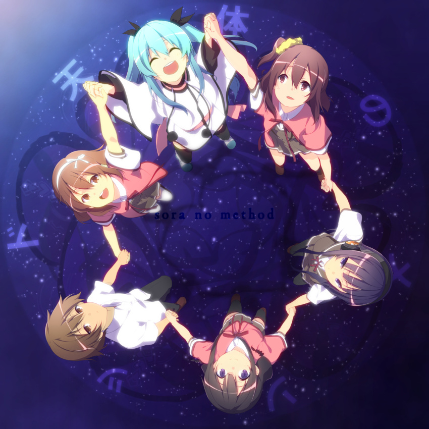 1boy, 5girls, blue_hair, brown_eyes, brown_hair, circle_formation, copyright_name, from_above