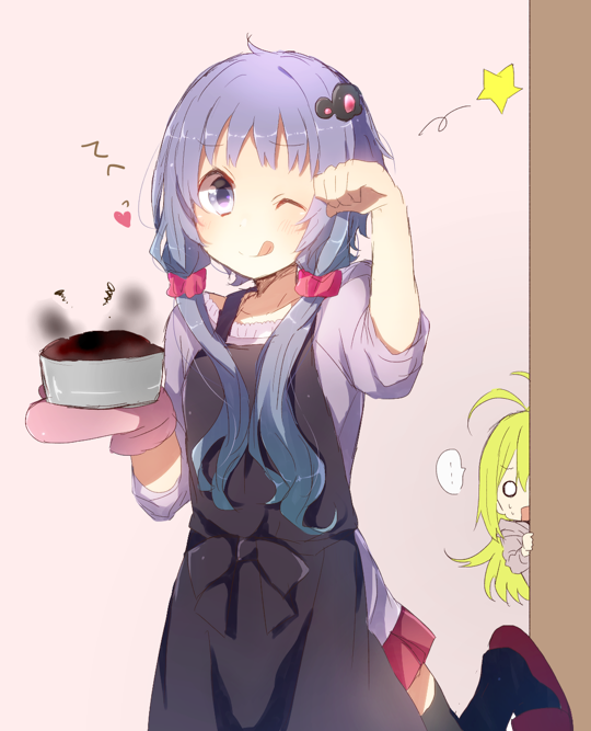 2girls, :q, apron, blonde_hair, cake, casual, clenched_hand, food