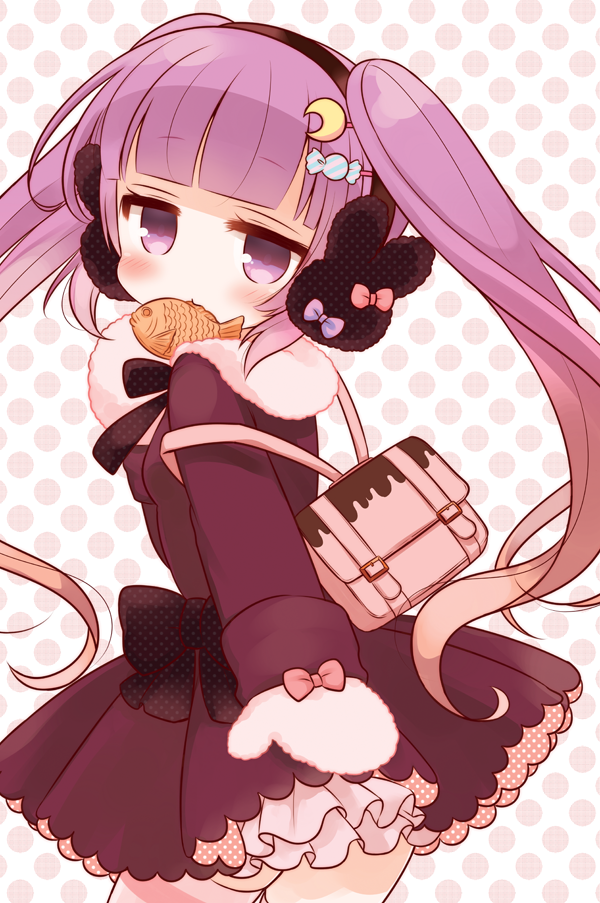 1girl, alternate_costume, animal_earmuffs, backpack, bag, bunny_earmuffs, bunny_hair_ornament, candy