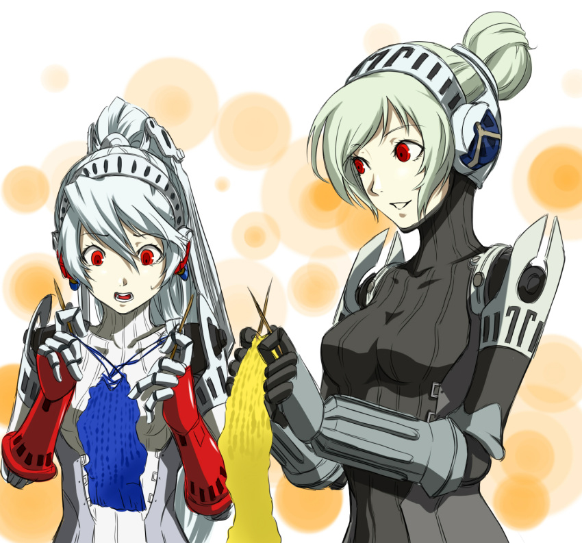 2girls, android, blue_hair, green_hair, highres, kamui_sathi, knitting, labrys