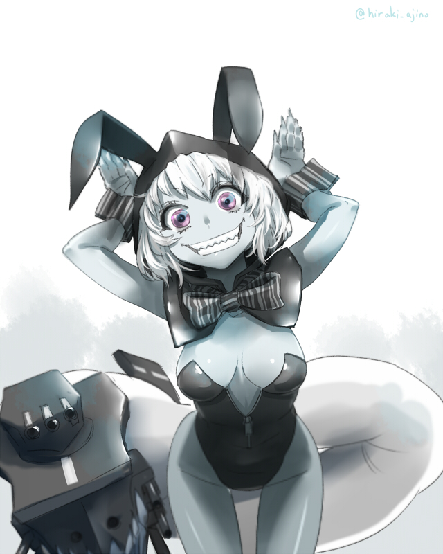 1girl, ajino_(sakanahen), animal_ears, bowtie, breasts, bunnysuit, cannon, crazy_smile