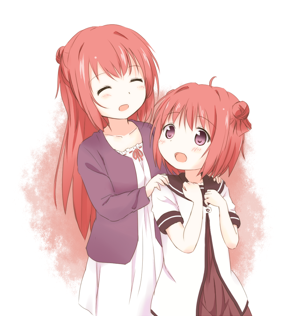 2girls, :d, ^_^, ahoge, akaza_akane, akaza_akari, araki495, closed_eyes