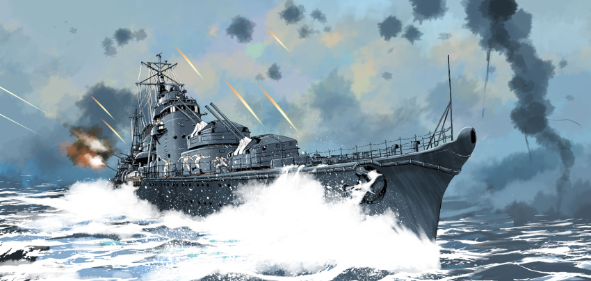 akizuki_(destroyer), antiaircraft_weapon, battle, commentary, destroyer, highres, matsuda_juukou, military, ocean, original, realistic, ship, smoke, turret, water, world_war_ii