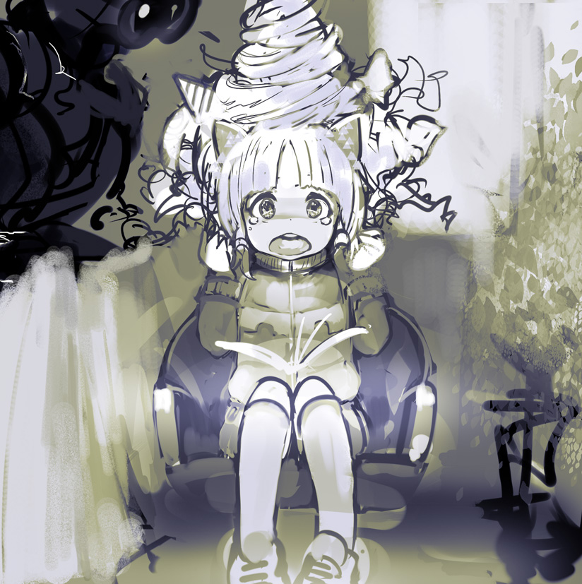 1girl, animal_ears, hair_salon, looking_at_viewer, magazine, open_mouth, original, robot, shouten_pegasus_mix_mori, sitting, solo_focus, tears, uturo