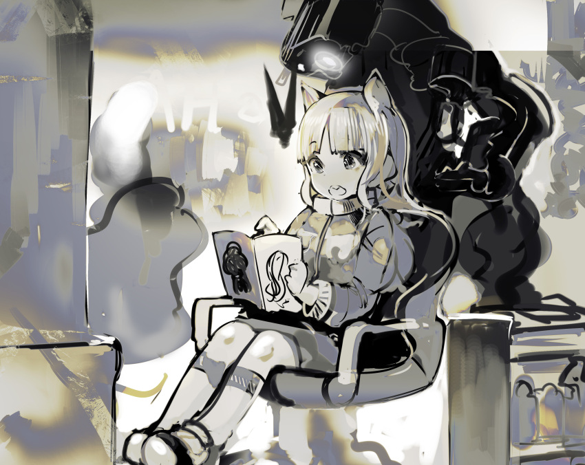 1girl, absurdres, animal_ears, hair_salon, highres, long_hair, magazine, open_mouth, original, robot, sitting, solo_focus, uturo