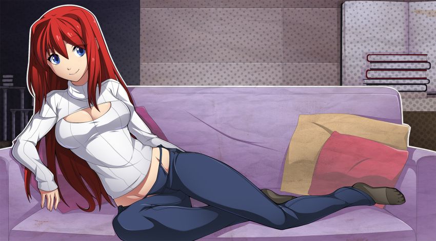 1girl, aozaki_aoko, bikini_jeans, blue_eyes, breasts, cleavage, cleavage_cutout, colored, hair_intakes, highres, long_hair, lowleg, lowleg_pants, lying, melty_blood, mound_of_venus, open-chest_sweater, pants, pantyhose, redhead, ribbed_sweater, smile, solo, spikewible, sweater, toes, tsukihime, turtleneck