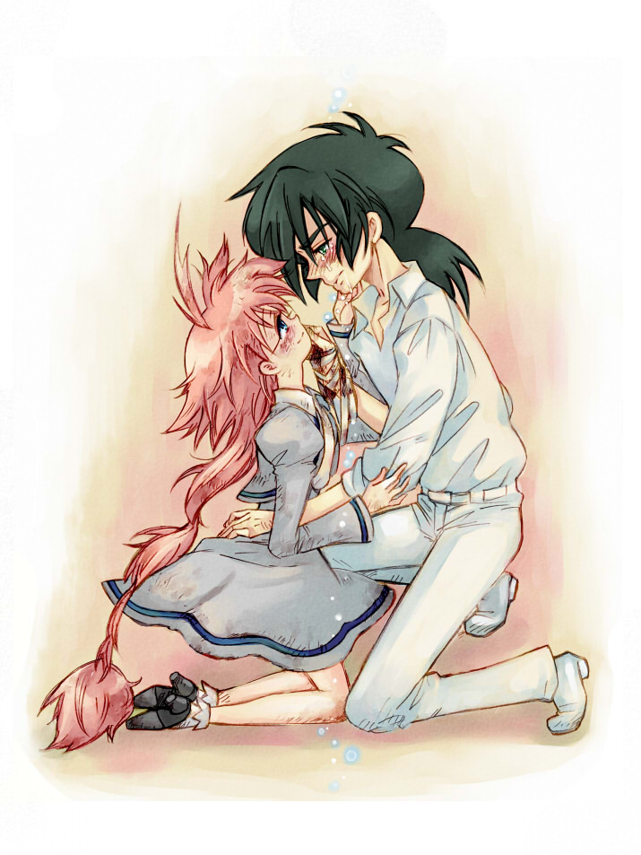 1girl, ahiru, black_hair, couple, eye_contact, fakir, orange_hair, princess_tutu