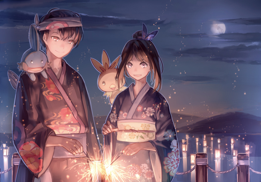 1boy, 1girl, alternate_costume, brown_hair, fireworks, full_moon, headband, highres