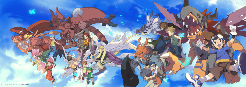 angel_wings, angewomon, atlurkabuterimon, backpack, bag, blue_hair, brown_hair, cowboy_hat