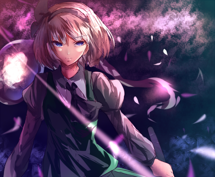 1girl, blue_eyes, bow, cherry_blossoms, hair_bow, hizagawa_rau, katana, konpaku_youmu