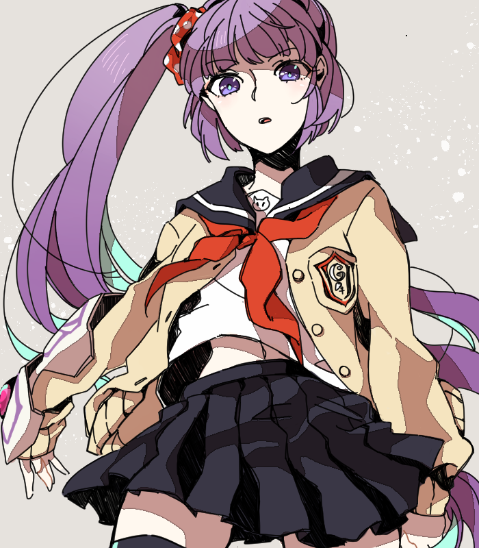 1girl, bangs, blue_hair, blue_skirt, blunt_bangs, long_hair, long_sleeves, midriff