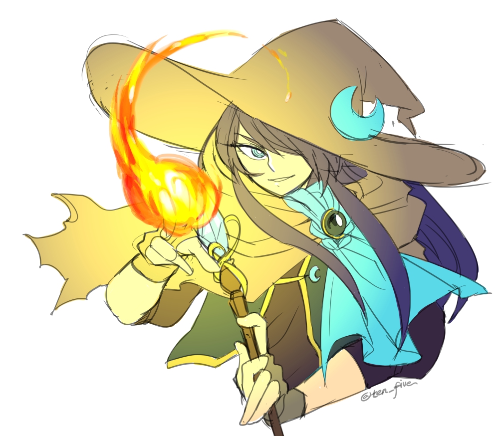 1girl, alternate_eye_color, artist_name, blue_eyes, cape, faris_scherwiz, final_fantasy, final_fantasy_v, fingerless_gloves, fire, flame, glorel, gloves, hair_over_one_eye, hat, long_hair, purple_hair, solo, staff, white_background