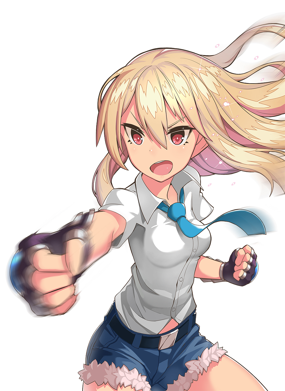 1girl, blonde_hair, denim, denim_shorts, fingerless_gloves, gloves, highres, long_hair