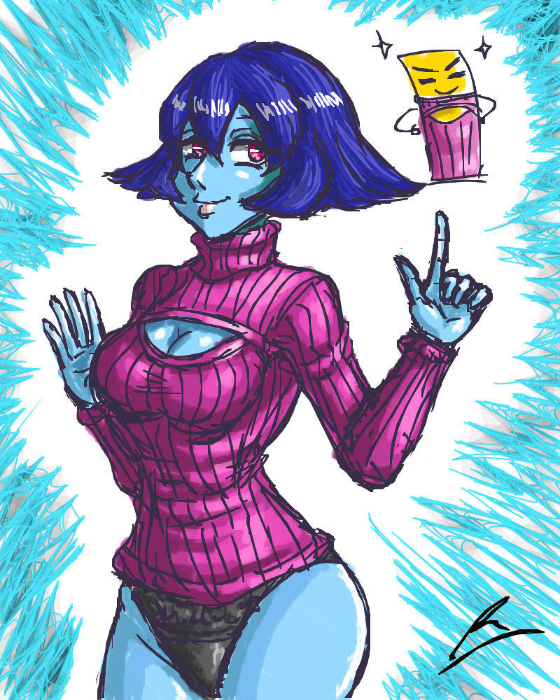 1girl, black_panties, blue_skin, borockman, breasts, cleavage, cleavage_cutout, darkstalker, flipped_hair, jiangshi, lei_lei, lips, no_hat, ofuda, open-chest_sweater, panties, purple_hair, red_eyes, ribbed_sweater, rin_rin, short_hair, smile, solo, standing, sweater, turtleneck, underwear