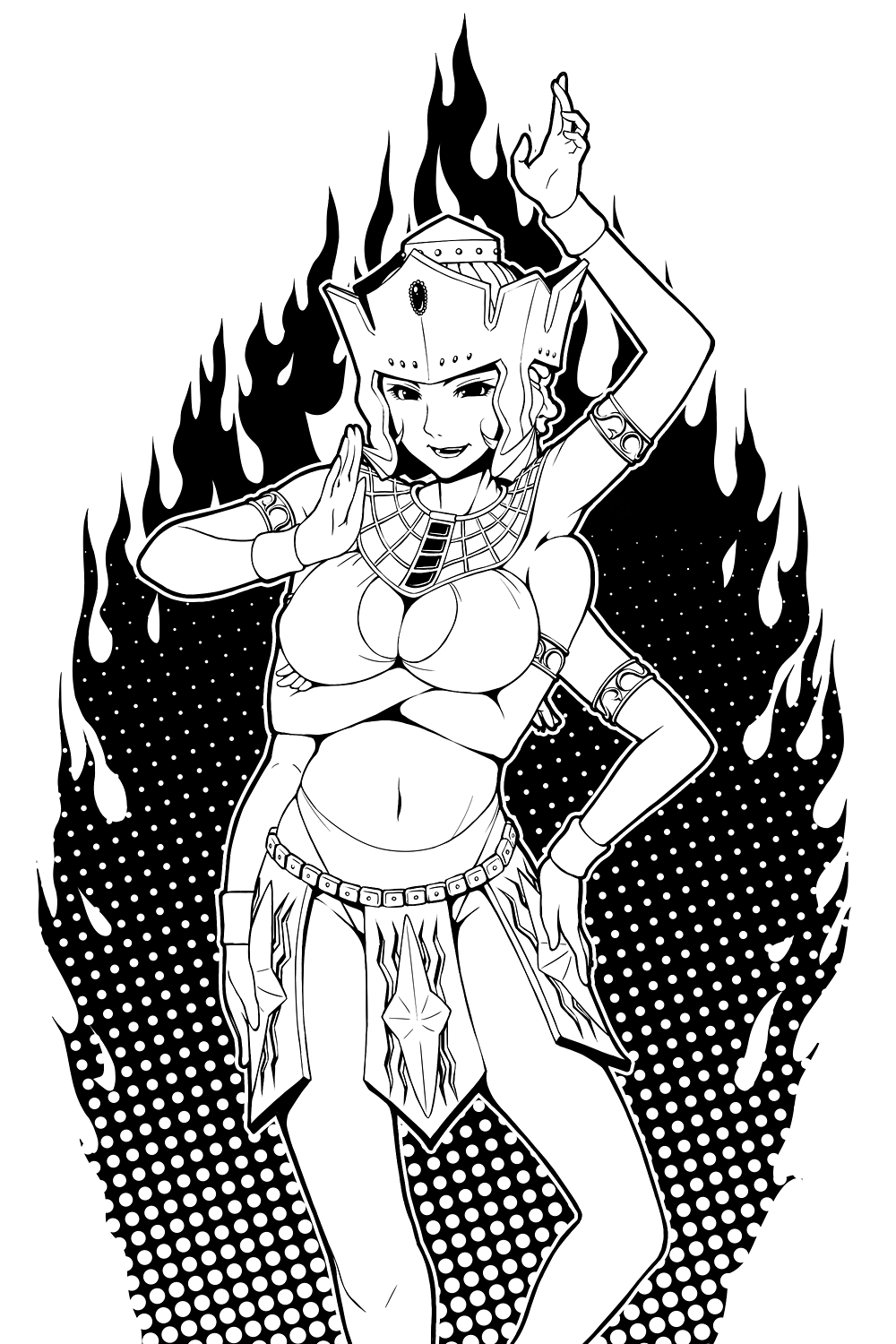 1girl, ashuraman, breasts, cleavage, crossed_arms, extra_arms, faulds, fugetac, genderswap, hand_on_hip, helmet, highres, kinnikuman, large_breasts, midriff, monochrome, navel, pose, screentones, solo, tagme